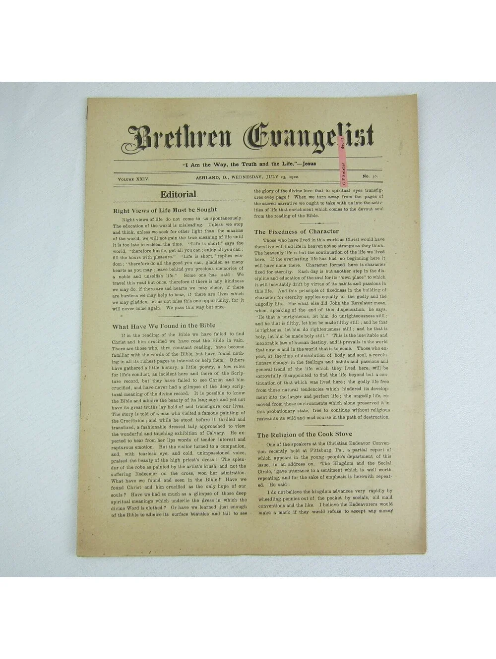 Brethren Evangelist Christian Newspaper Ashland Ohio Antique July 23rd 1902 RARE